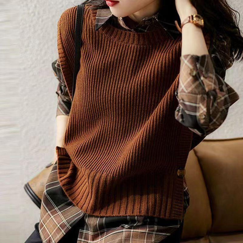 Women's Round Neck Pullover Knitted Vest Loose Casual Outerwear Sleeveless Cardigan Vest Outer Wear Lazy Style Top
