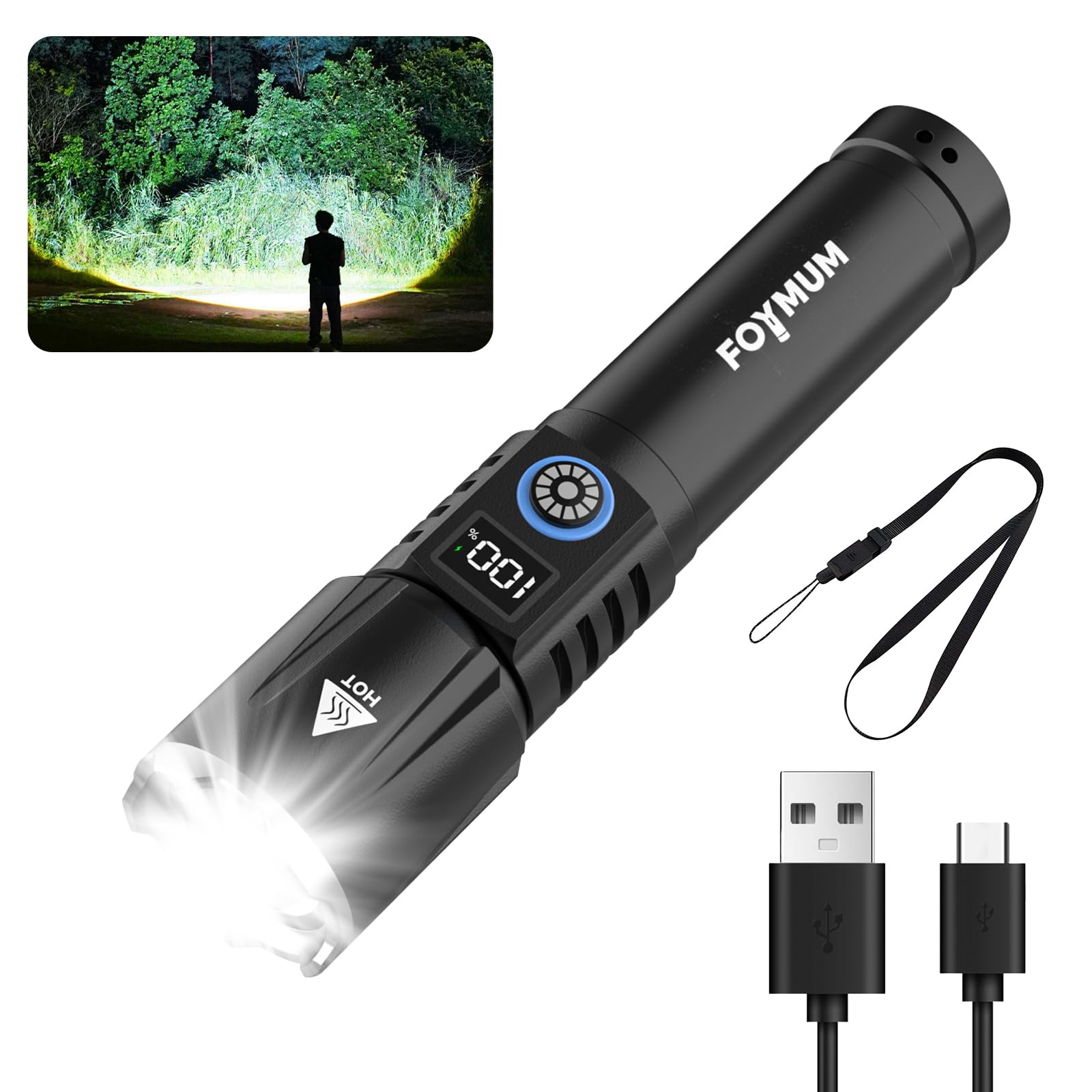 

Powerful Fast Zoomable LED IPX6 5 Max Beam Distance Battery Level Aluminum Alloy Ideal for Disaster Night Dog and Outdoor Work Flashlight, Type-C