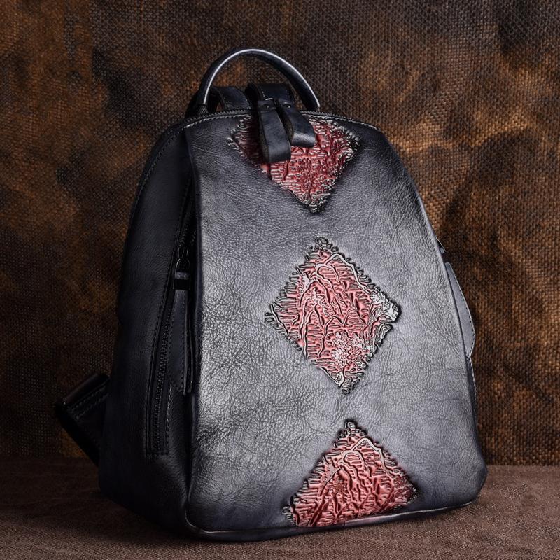 Vegetable Tanned Leather and Genuine Leather Backpack for Women, Multifunctional and Multi Pocket, Embossed Retro Color Wiping