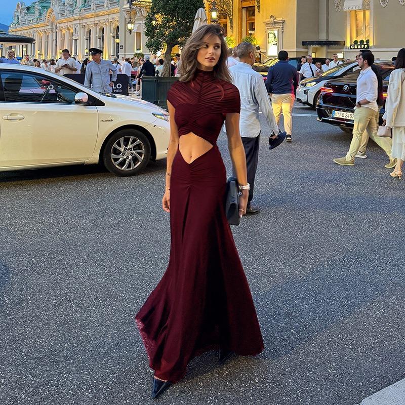 Women's Long Dress Temperament Elegant Round Neck Mesh Pleated Navel Dress