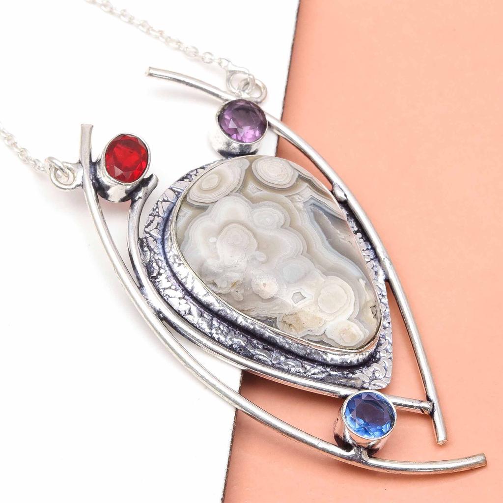Crazy Lace Necklace Agate Gemstone Pendant Silver Natural Jewelry  Jewelry