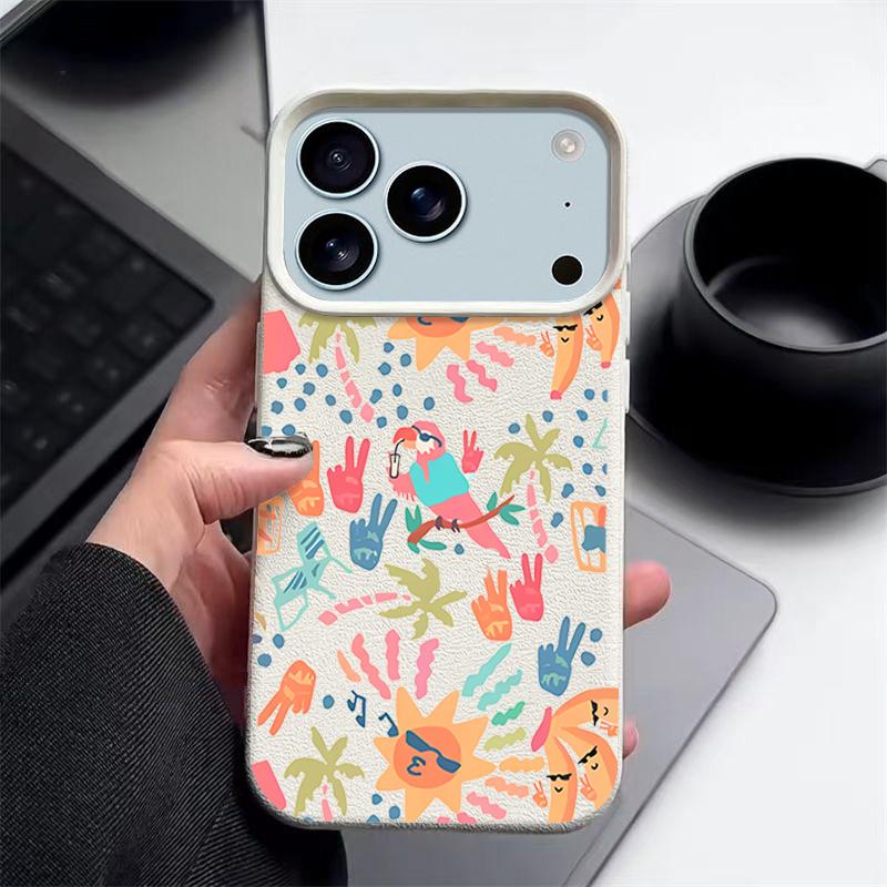 For iPhone 17 Pro Max Case Luxury Colorful Cartoon Pattern Leather Texture Silicone Cover For iPhone 16 Pro Max 15 14 13 12 11 16E Air