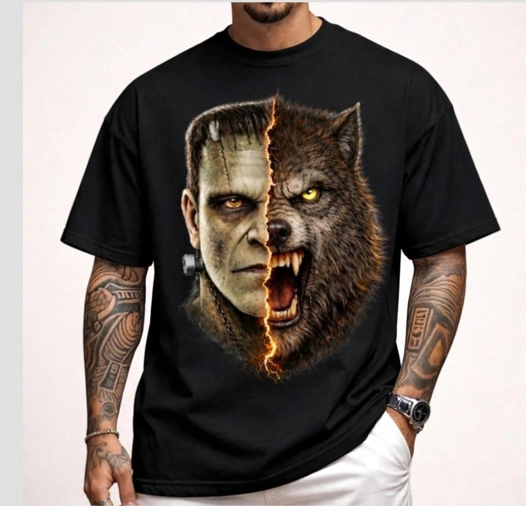 Frankenstein Werewolf Split Face Graphic T Shirt Horror Monster Tee Unisex S
