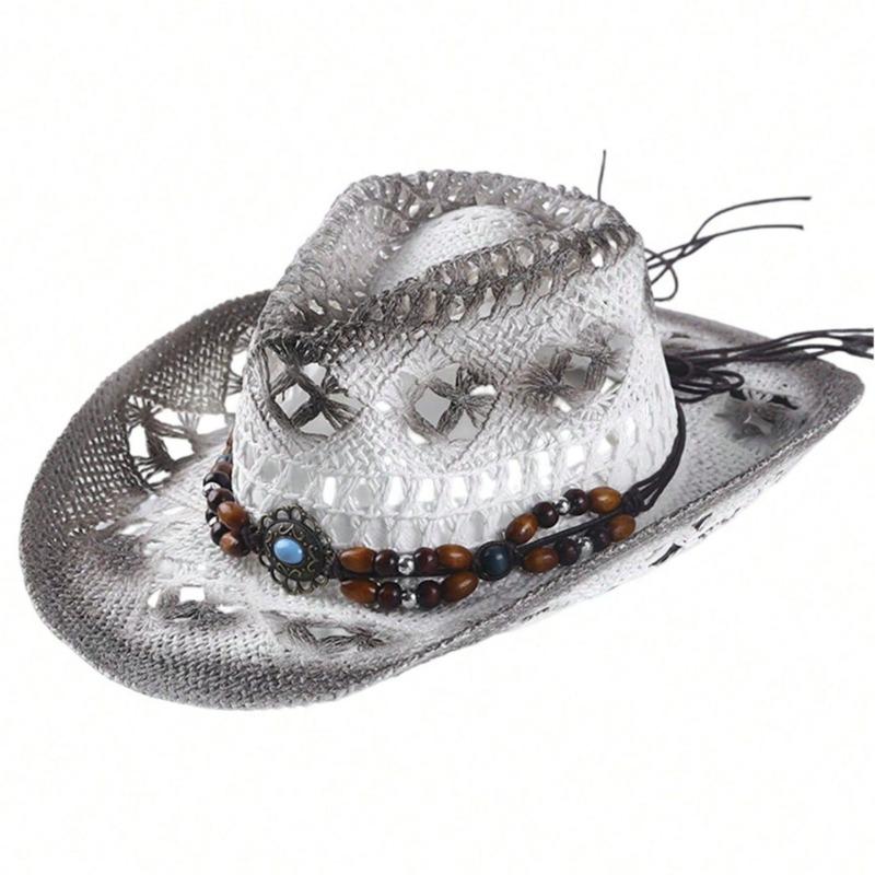 Women S Western Cowboy Straw Hat Beaded Hollow Sun Protection Sunshade