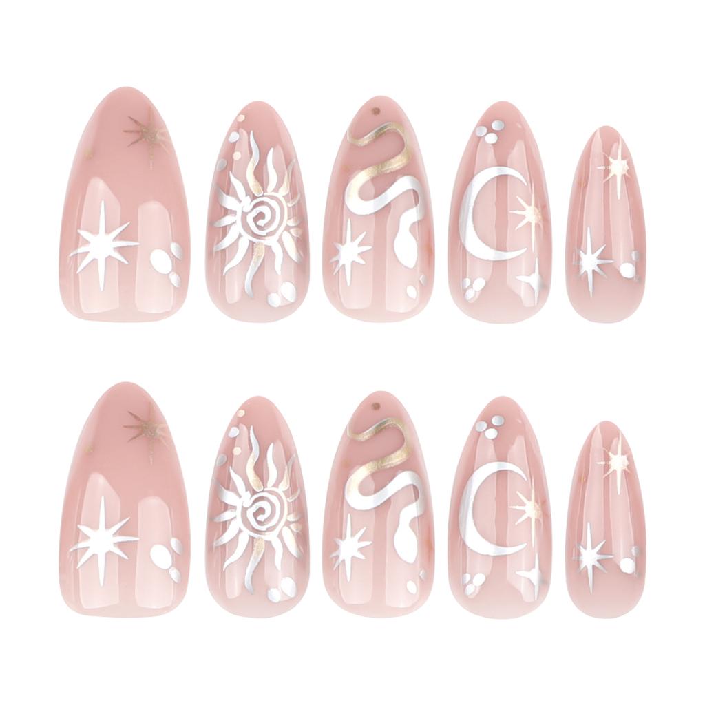 24 Pieces New Year's Wear Nail Almond Nail Piece Year of The Snake Metal Nail Art False Nail Star Moon Wear Nail Piece