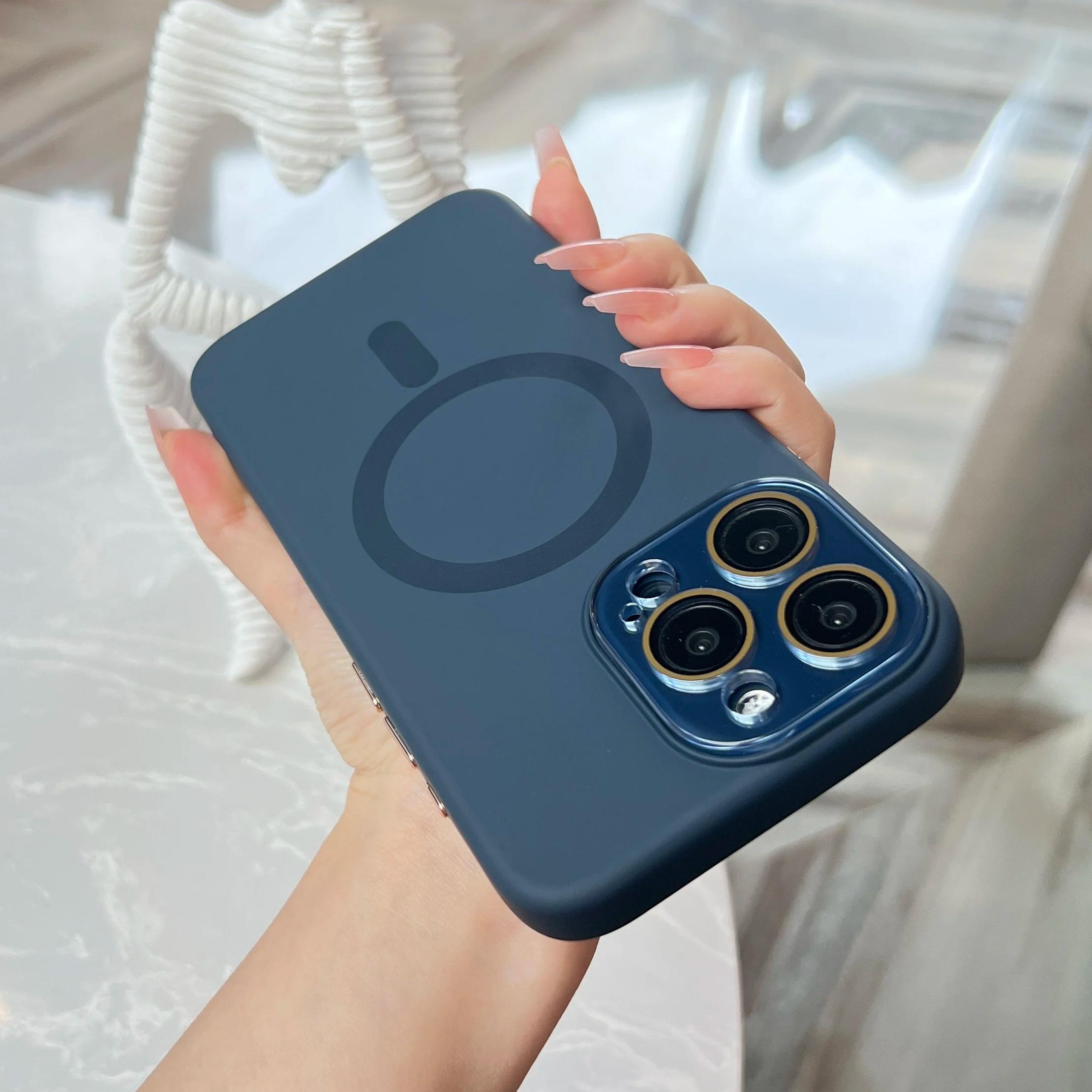 

Жидкий силиконовый магнитный оригинальный чехол для iPhone 15 14 Plus 13 12 11 Pro Max для беспроводной зарядки Magsafe противоударный мягкий чехол For iPhone 15Pro max синий