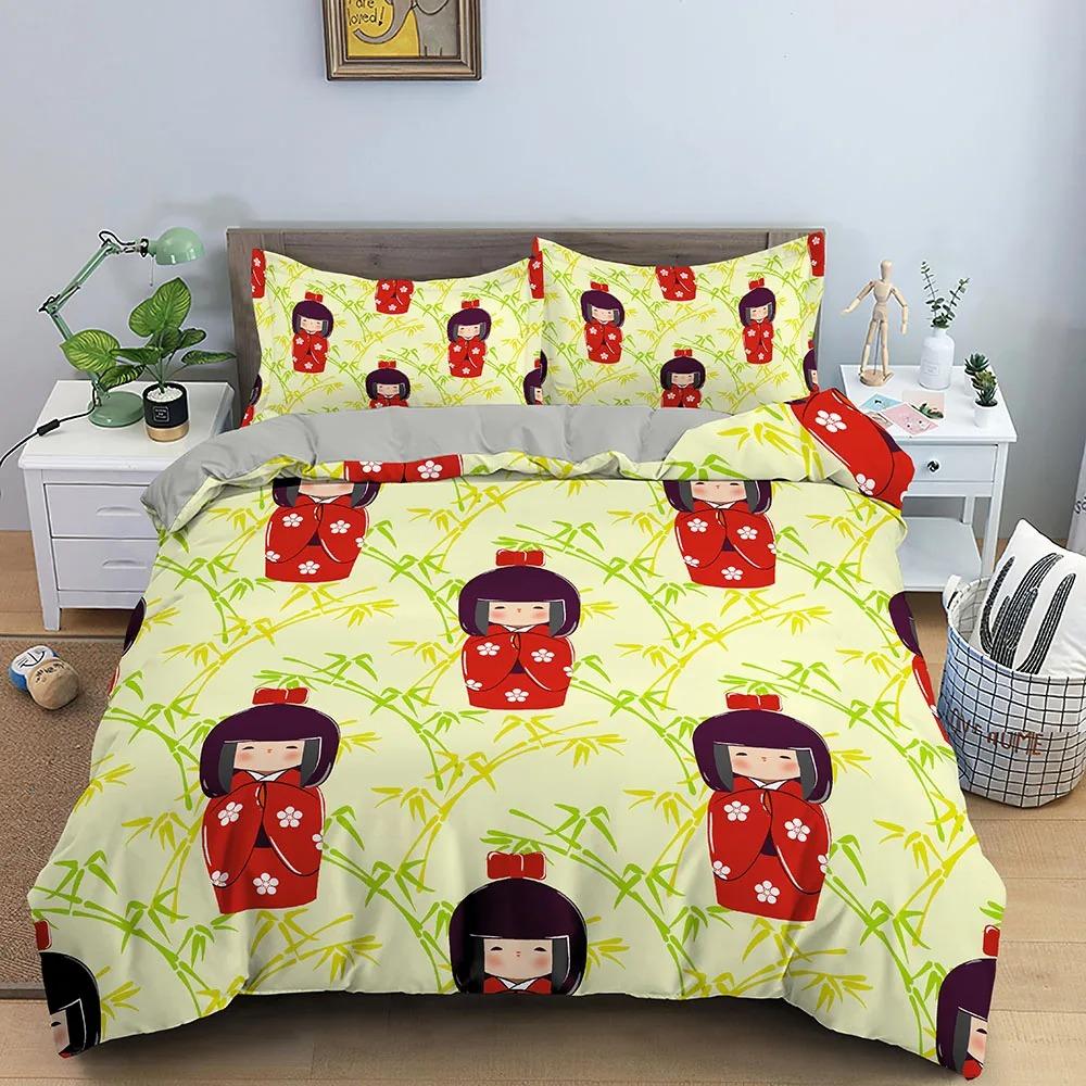 Japanese Doll Duvet Cover King Queen Lucky Cat Fan Bedding Set for Kids Girls Asian Japan Cultural 23PCS Polyester Quilt Cover
