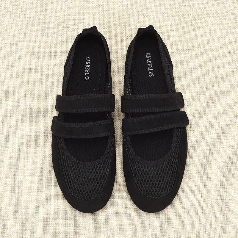 Fashion Bla Ballet Flat Oes Women's Soft Bot Me Round Toe Double Strap Mary Janes Hollow Out Faionable Summer Flats