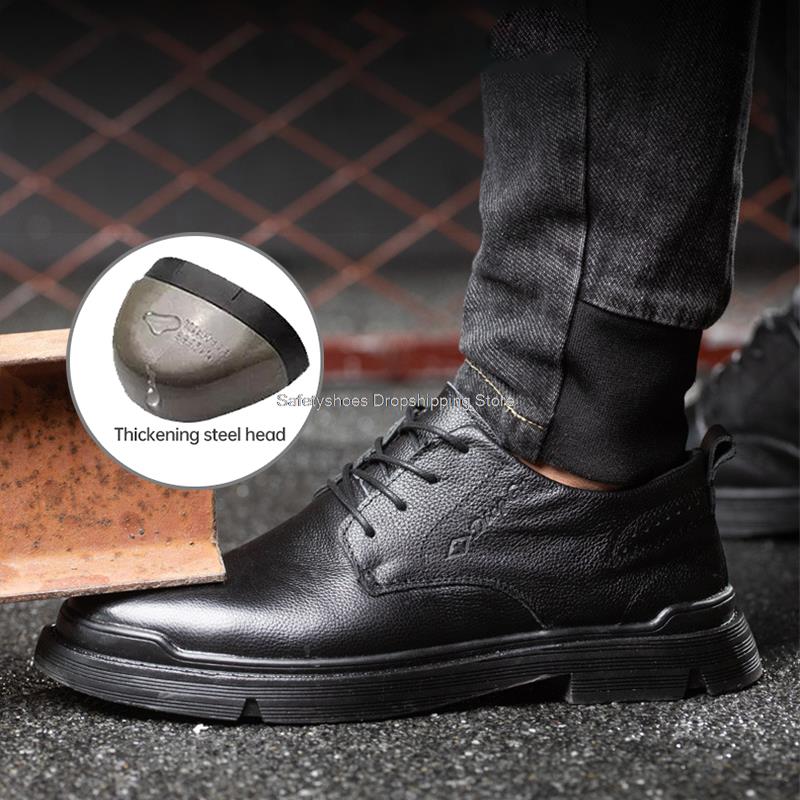 Fashion Split Leather Safety Shoes Men Steel Toe Sneaker Black Work Boots Kitchen Bussiness Safety Boots Industrial Work Shoes Man Boots