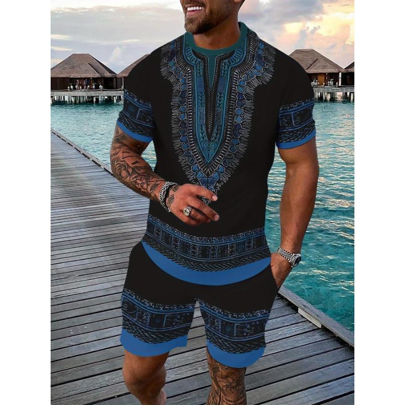 

Casual sports suit breathable outdoor casual men s T-shirt five-quarter pants suit summer 3D printing suit for men and adults XL