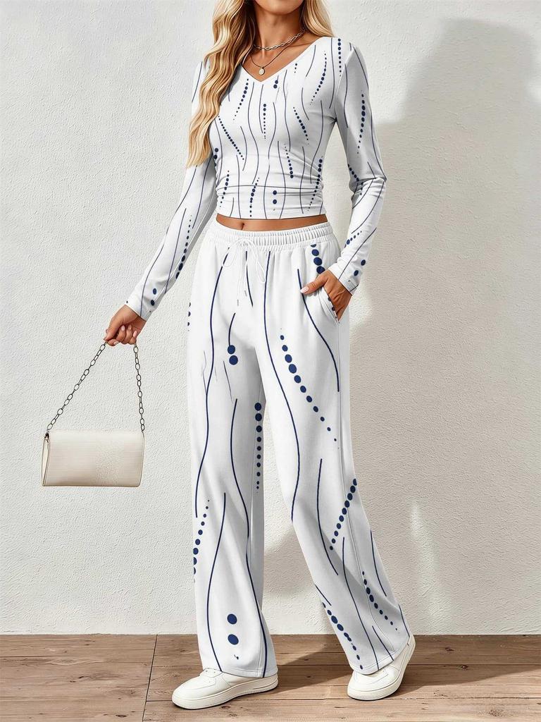 Floral pattern printed women's V-neck long-sleeved trousers set Comfortable casual versatile slim two-piece set