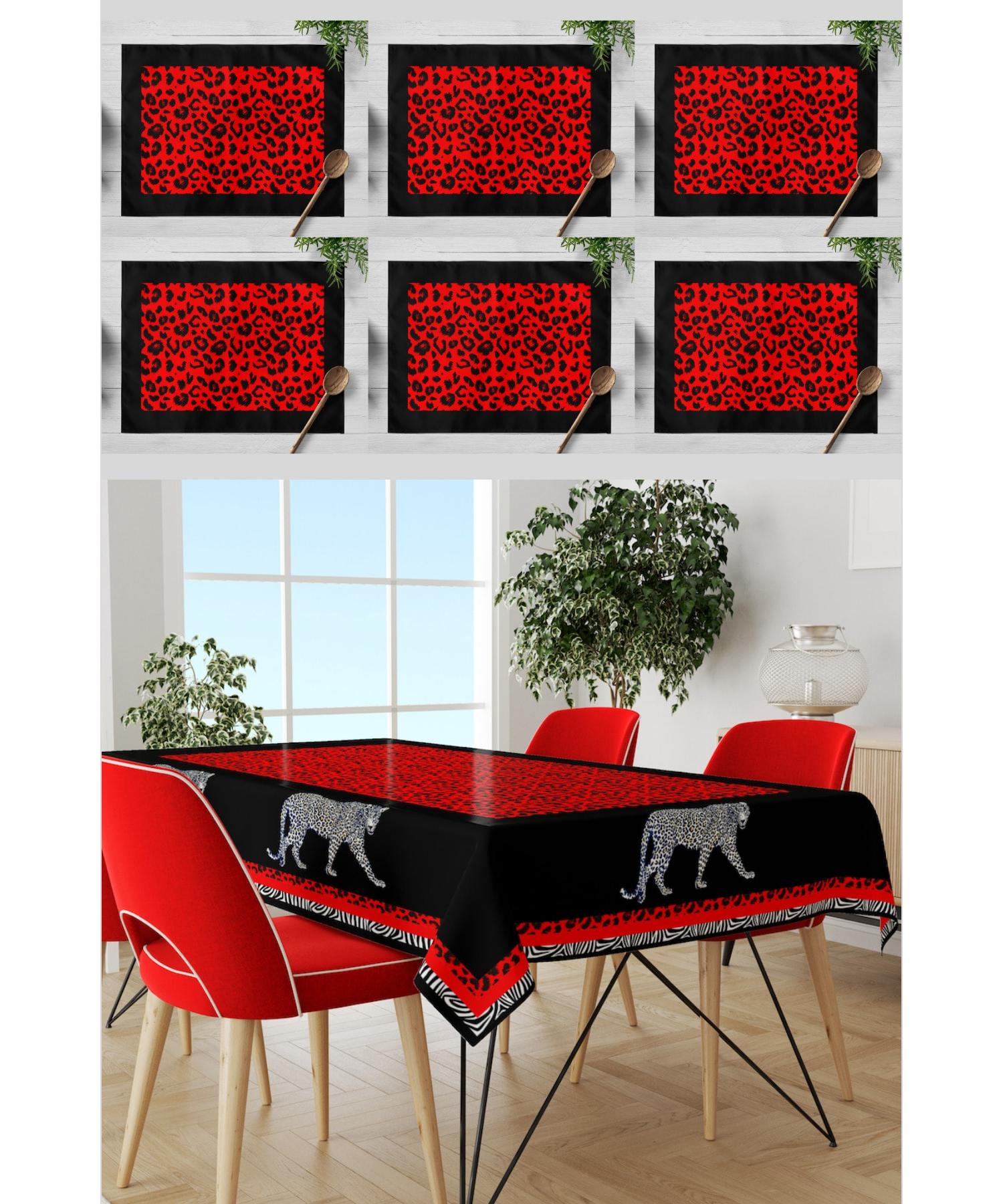 

Набор скатерти и подставок для столовых приборов на 6 персон с красным леопардовым узором