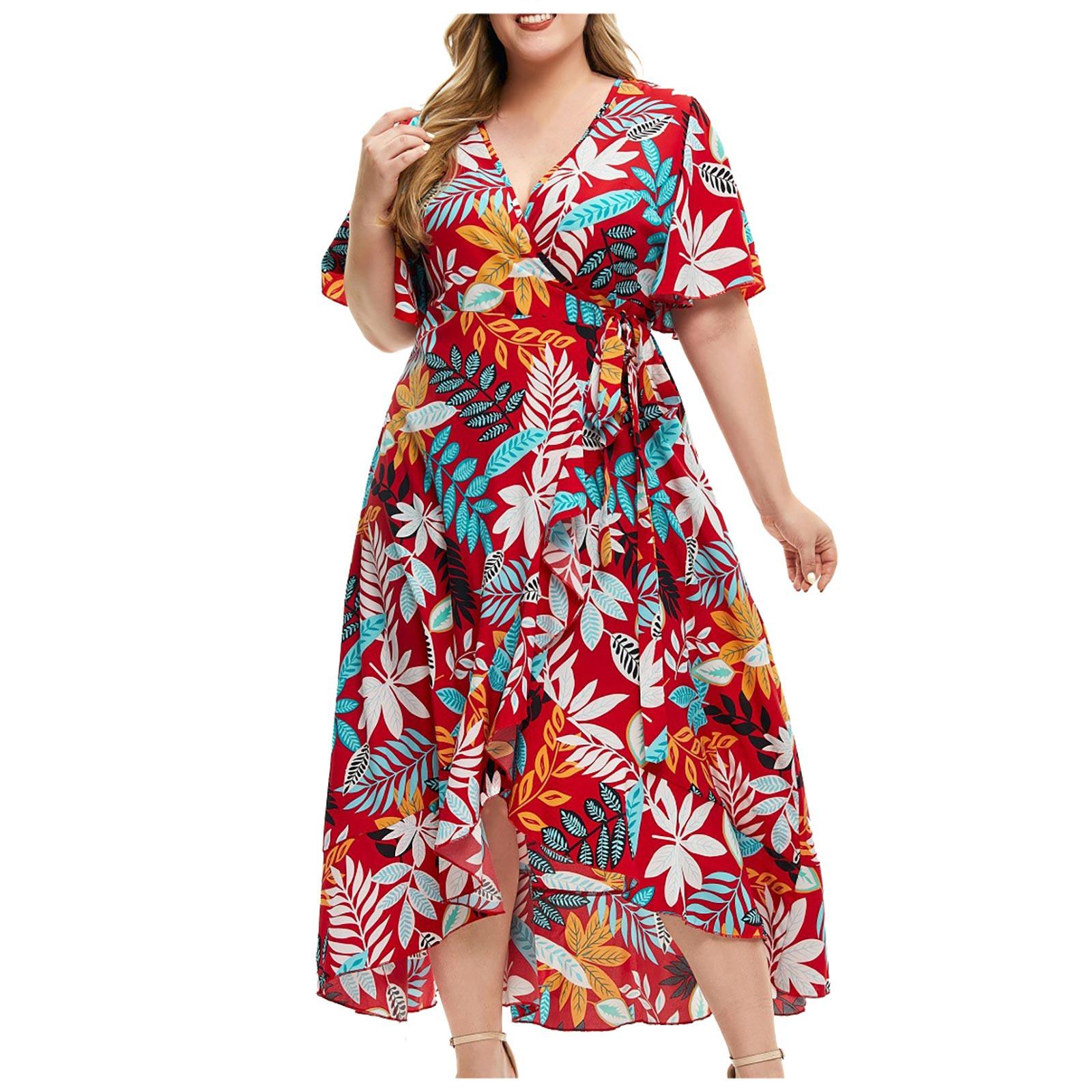 

(SU)Women s Fashion Plus Size Loose Casual Short Sleeve Printed Dress