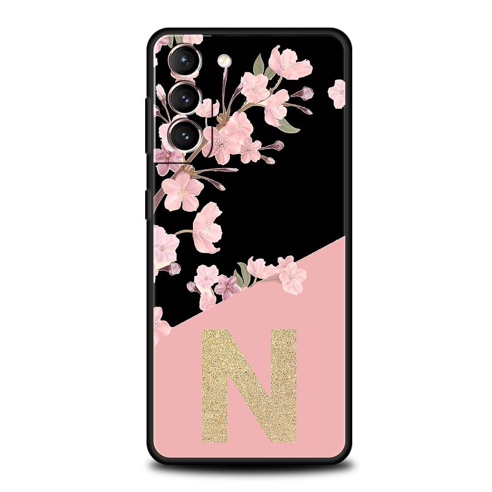 Golden Letter Flower Phone Case For Samsung Galaxy S26 Ultra S25 Plus S24 FE S23 S22 5G S21 S20 Cover Black Soft