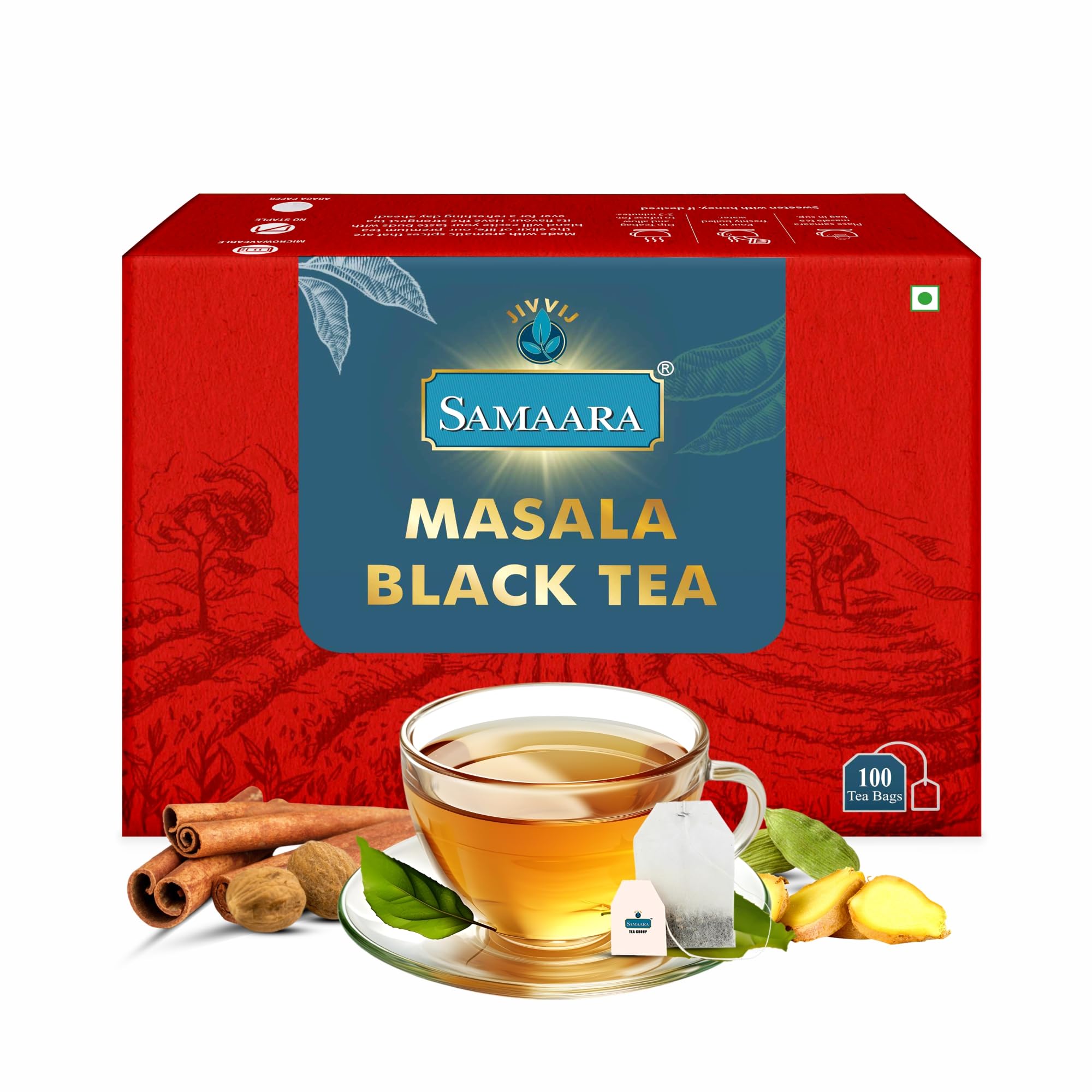 Samaara Masala 100 Tea Bags | Flavoured CTC Assam Black Leaf Tea | Chai Patti Powder | 200gm Box
