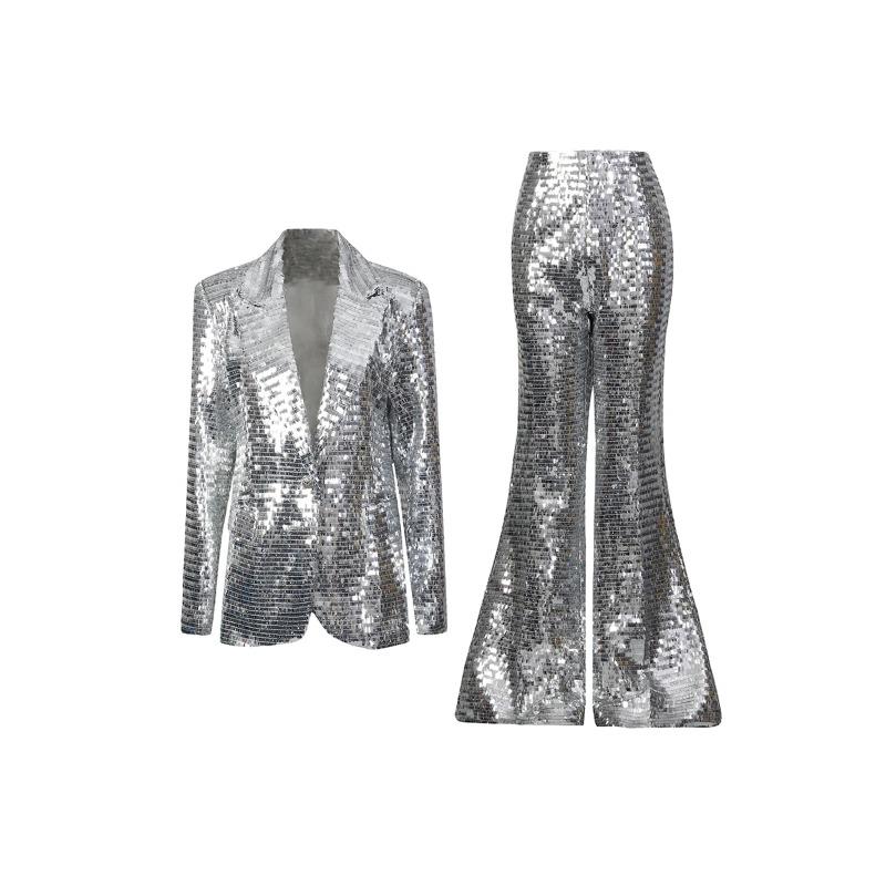 Solid Sequin Two Piece Sets Women Lapel Long Sleevel High Waist Pants Elegant Set Fashion