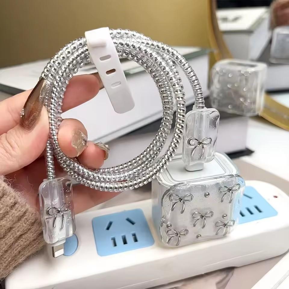 Transparent Shining Bowknot Cellphone Charger Protective Case Sleeve for Apple IPhone 18/20W Laser Cable Winder Wire Protectors