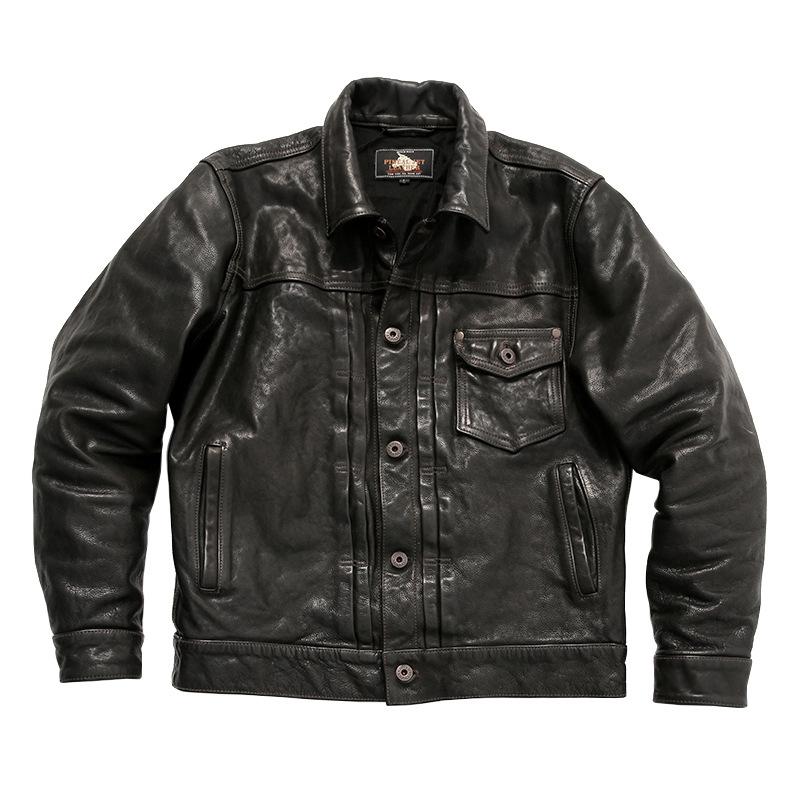 Denim leather jacket men's lapel leather jacket locomotive clothing casual short first-layer cowhide jacket