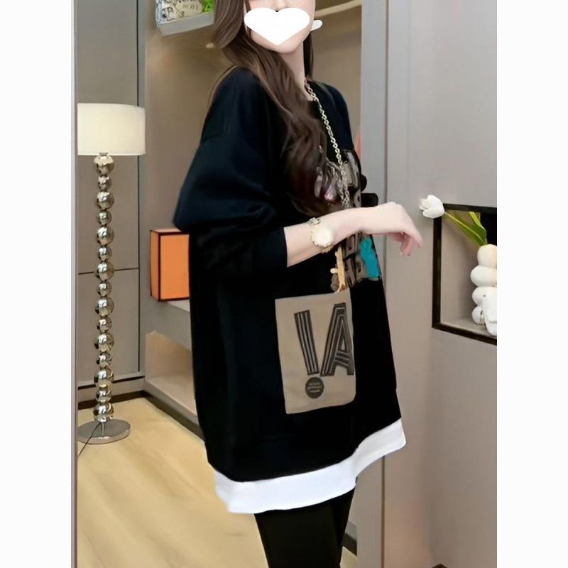 

Autumn and Winter Mid-length Sweatshirt Women s Fashion Loose Fake Two-piece Printed Top XXXL чорний
