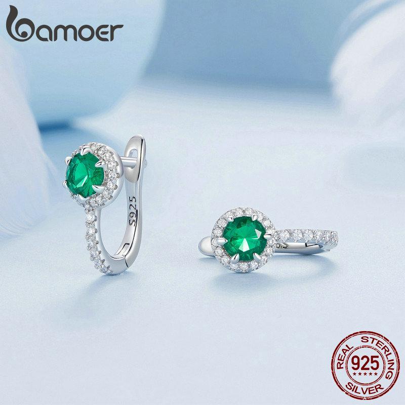 BAMOER Platinum Plated Green Cubic Zirconia 925 Silver Hoop Earrings, Elegant Solitaire Round Huggie Fashion Earrings