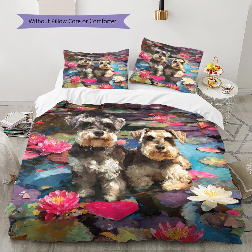 Pink Schnauzer Pattern Bedding Home Decoration Birthday Gift (1 * Duvet Cover + 2 * Pillowcase, Without Core)
