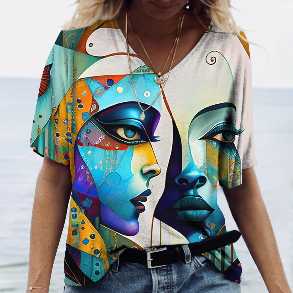 Funny 3D Beauty Pattern Women's T-Shirts Fashion V-neck Short Sleeve Top Summer Street Hip Hop Tee Fashion Loose Female Clothing