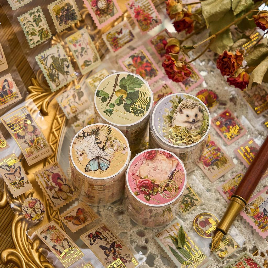 5.5*200cm Vintage Postal Stamps Tape, Gold Embossed Scrapbooking Supplies, Decorative Phone Background Sticker