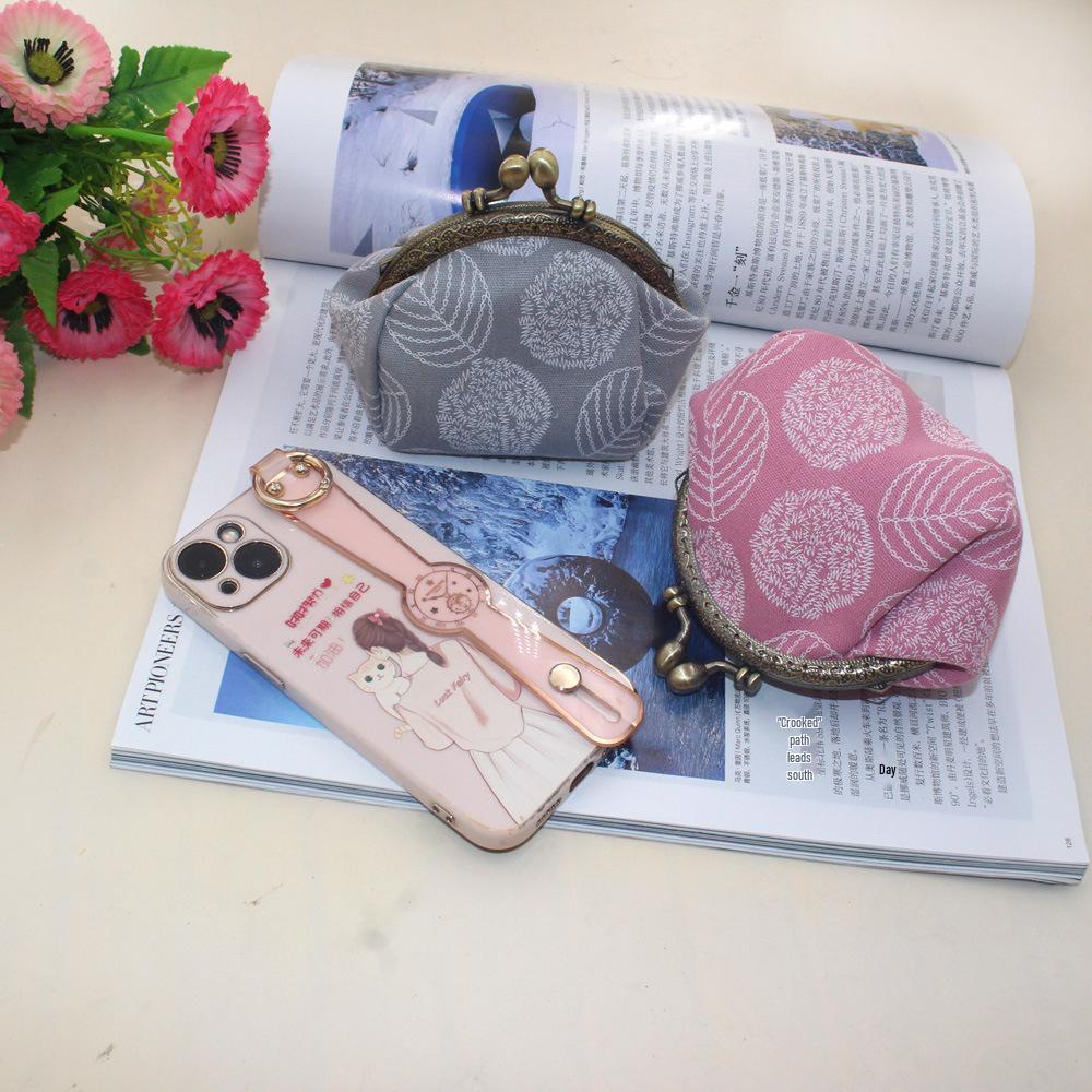 10.5cm Canvas Leaf Print Clasp Coin Purse - Handmade Retro Ladies' Clutch with Snap Closure