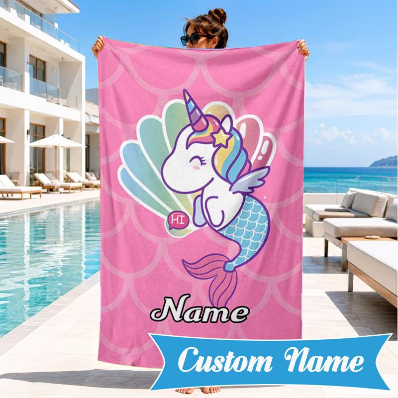 Custom Name Unicorn Dreams Art Beach Towel Microfiber Beach Towel, Lightweight and Quick-Dry, for Summer Travel, Swimming Pool Gift