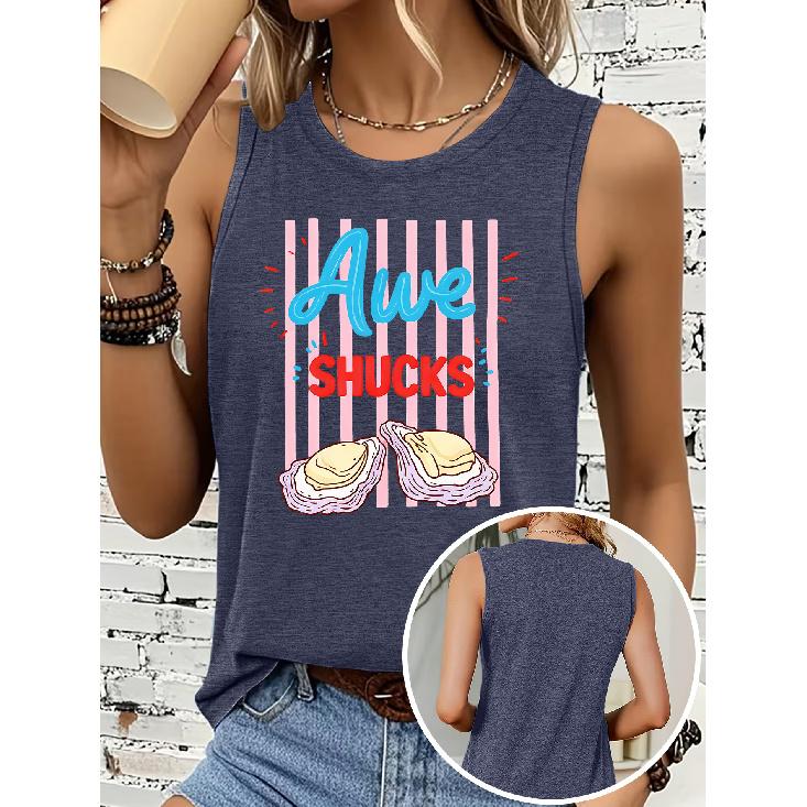 Women's Sleeveless Vest T Shirt Oyster Pink Vertical Stripe Contrast Color English Print Casual Round Neck Top Soft, Skin-friendly, Breathable,