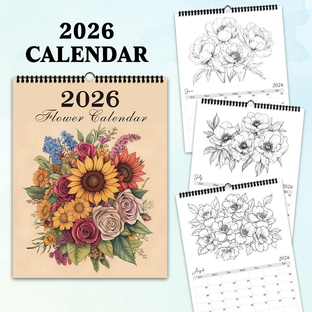 1pc 2026 Hanging Calendar,Floral Coloring Calendar, DIY, Christmas Gift, 12 Beautiful Designs, Perfect for Birthdays & New Year