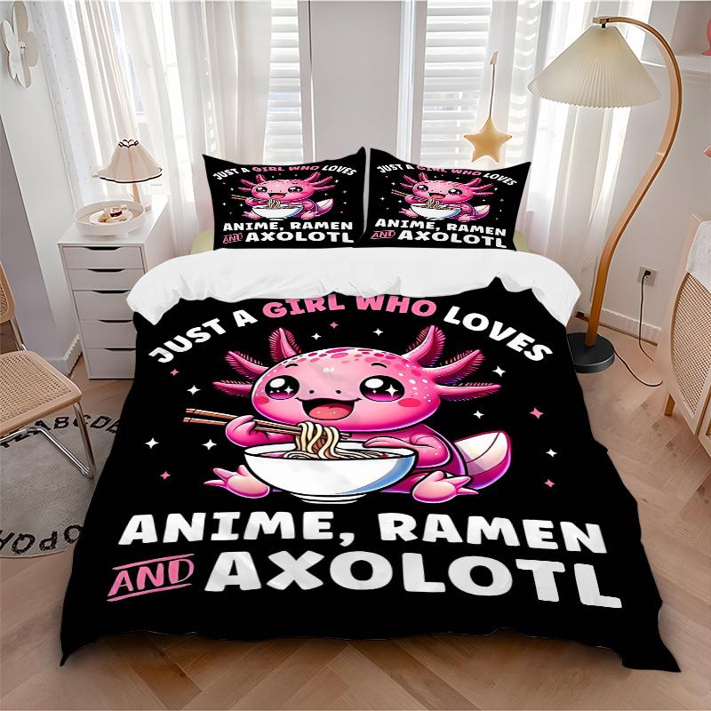 3pcs Colorful Axolotl Enjoying Ramen Quilt Cover Set (1 Quilt Cover + 2 Pillowcases Without Pillow Core), High-Definition Printing for Home and D