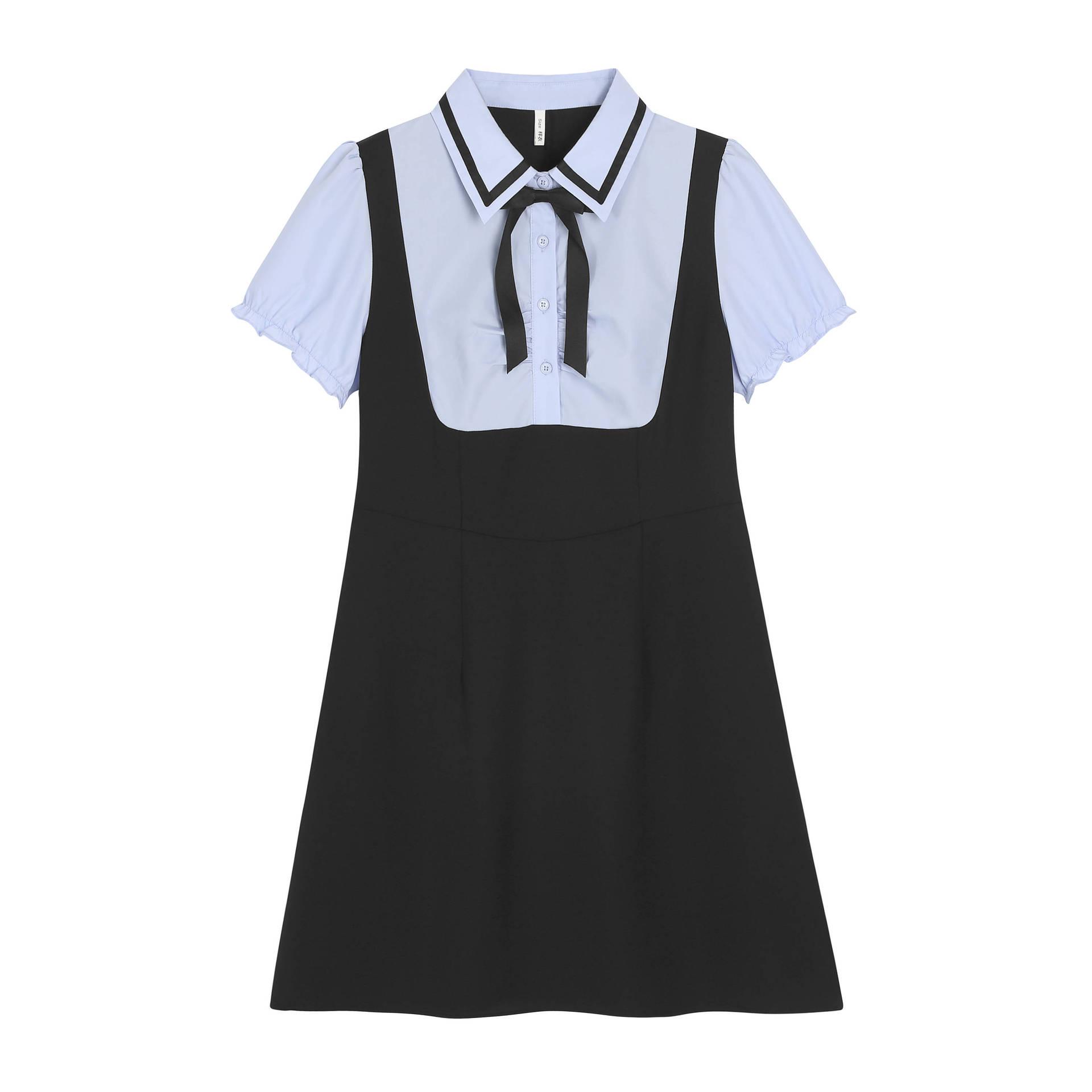 

College Style Color Block Polo Dress - Pleated Faux Two-Piece, Plus Size Waist-Cinching Design 1XL (suggested 120-140 jin)