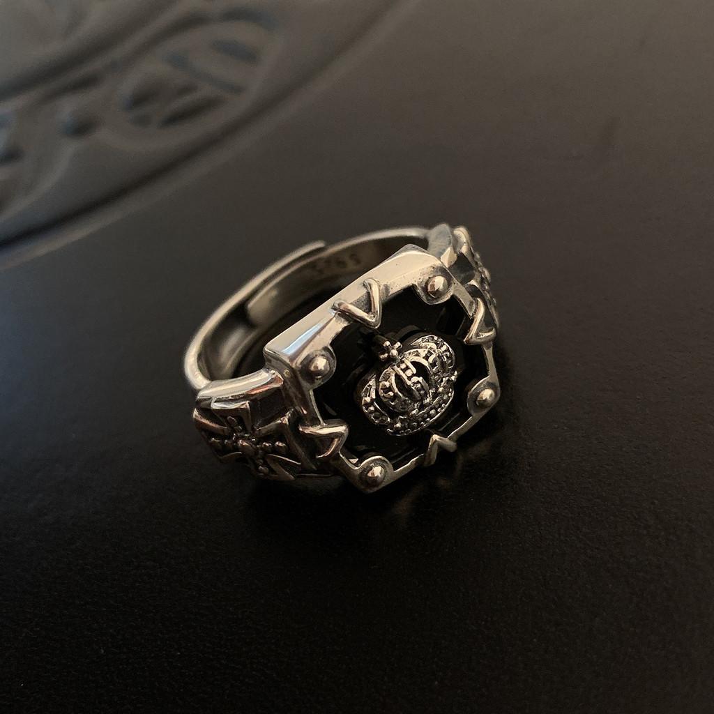 S925 Silver Distinctive Open Adjustable Ring Featuring Black Agate Crown For Style Womens