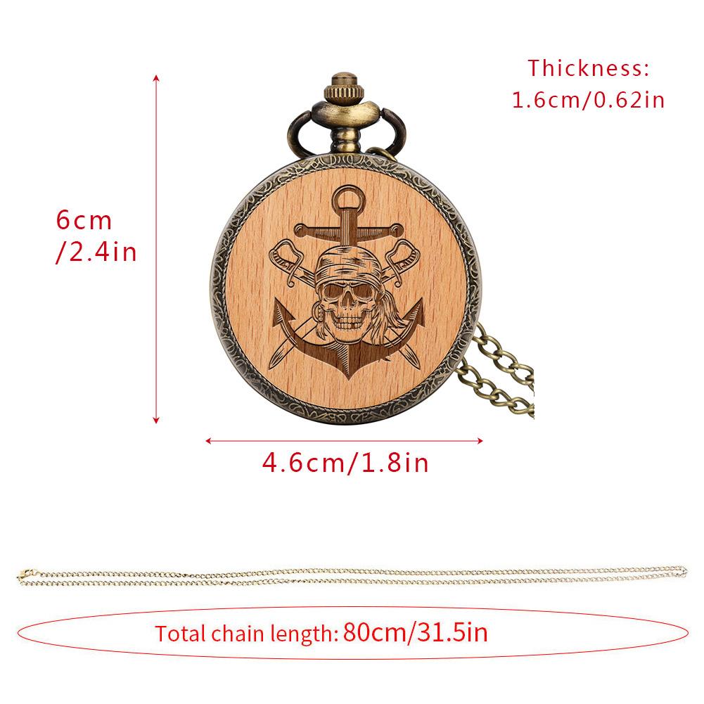 Vintage Pirate Skull Engraved Wood Pattern Quartz Pocket Watch Alloy Steampunk Necklace Chain Pendant Pocket Clock for Men Women