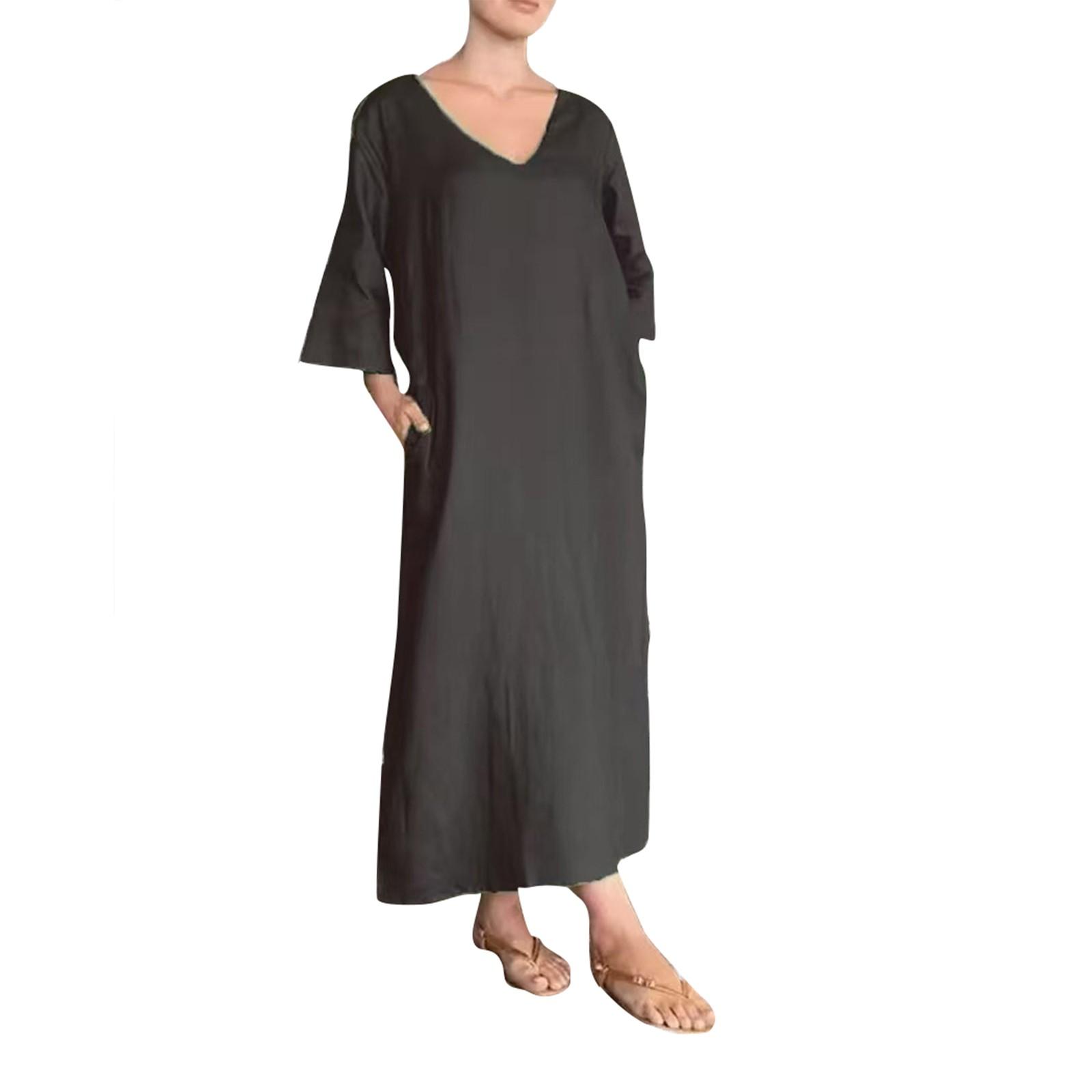 

Женские платья V-образный вырез, семь рукавов, подолы, двойной разрез, свободные длинные платья-рубашки L чёрный