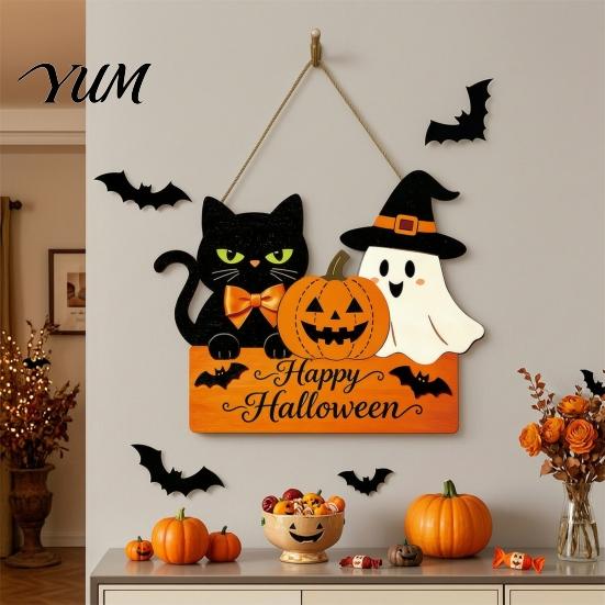 Festive Hanging Decoration for Friends Halloween Door Sign with Hemp Rope Lanyard, Pumpkin Ghost Printed Seasonal Store Window Display Plaque, Wooden