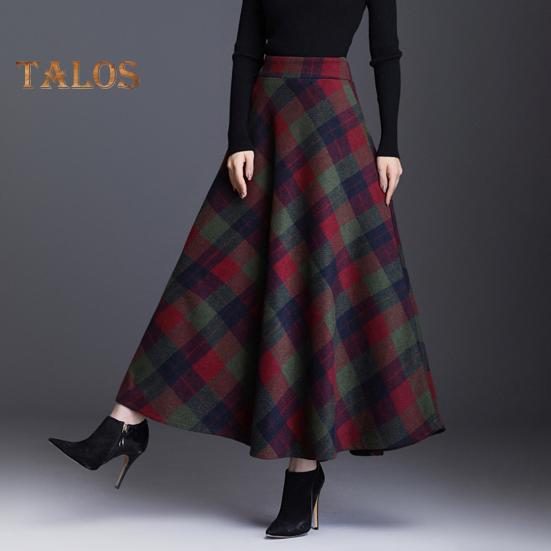 Damen Wollrock mit hoher Taille und Karomuster, A-Linien-Rock, Herbst/Winter, verdickter Rock mit großem Saum, für den Alltag