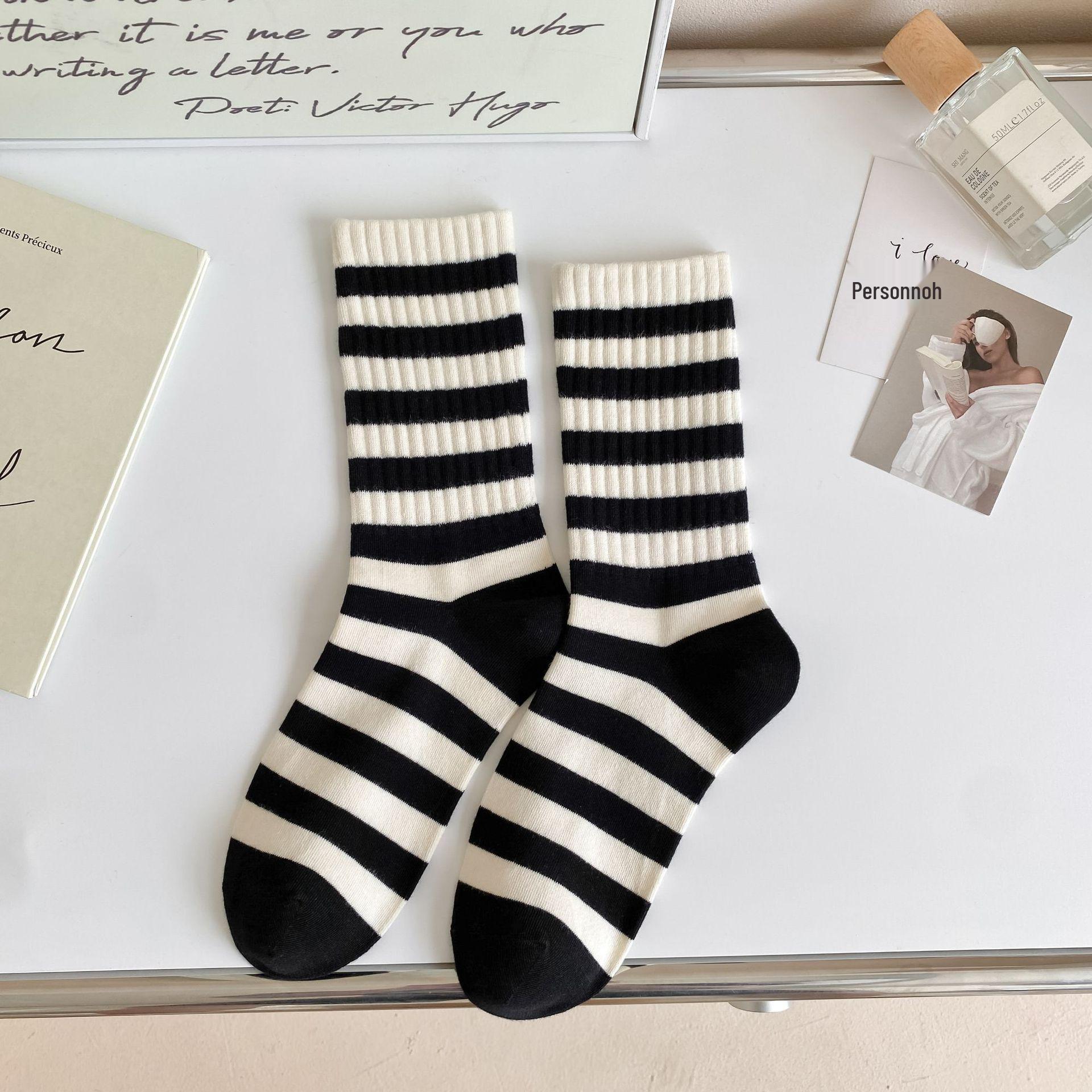 Women s Mid-Calf Black & White Striped Socks with Embroidered Lettering, Trendy Japanese-Style. One Size