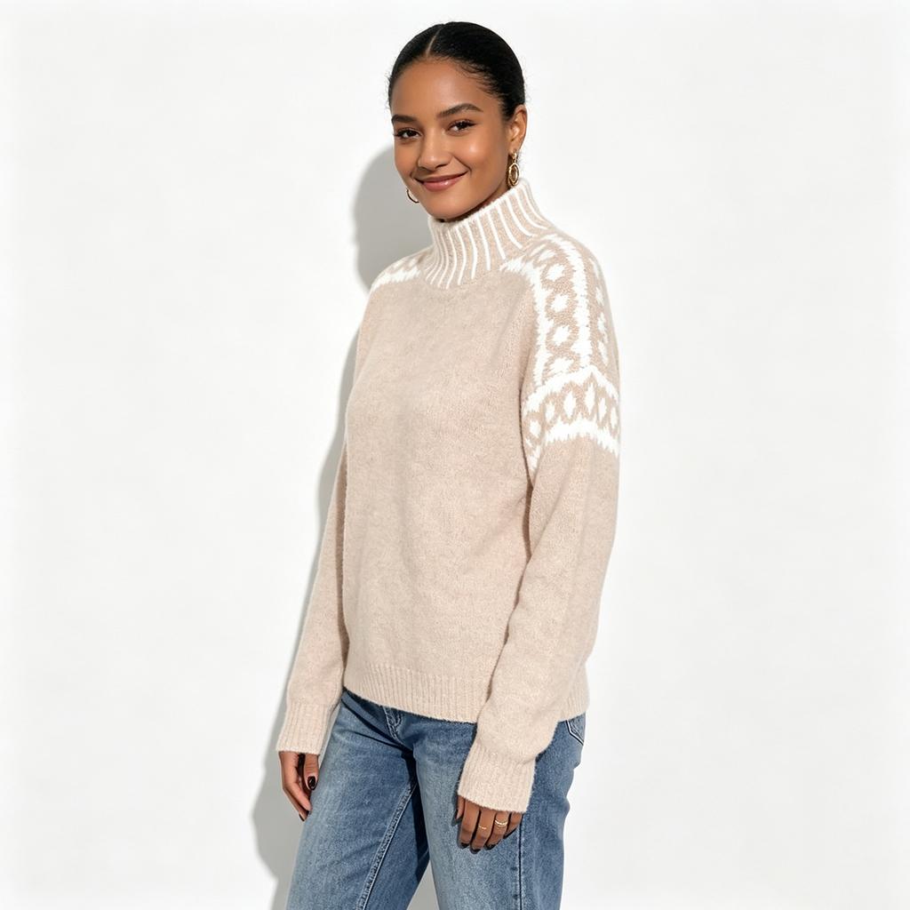 Women's Turtleneck Sweater Patterned Casual Loose Fit Pullover
