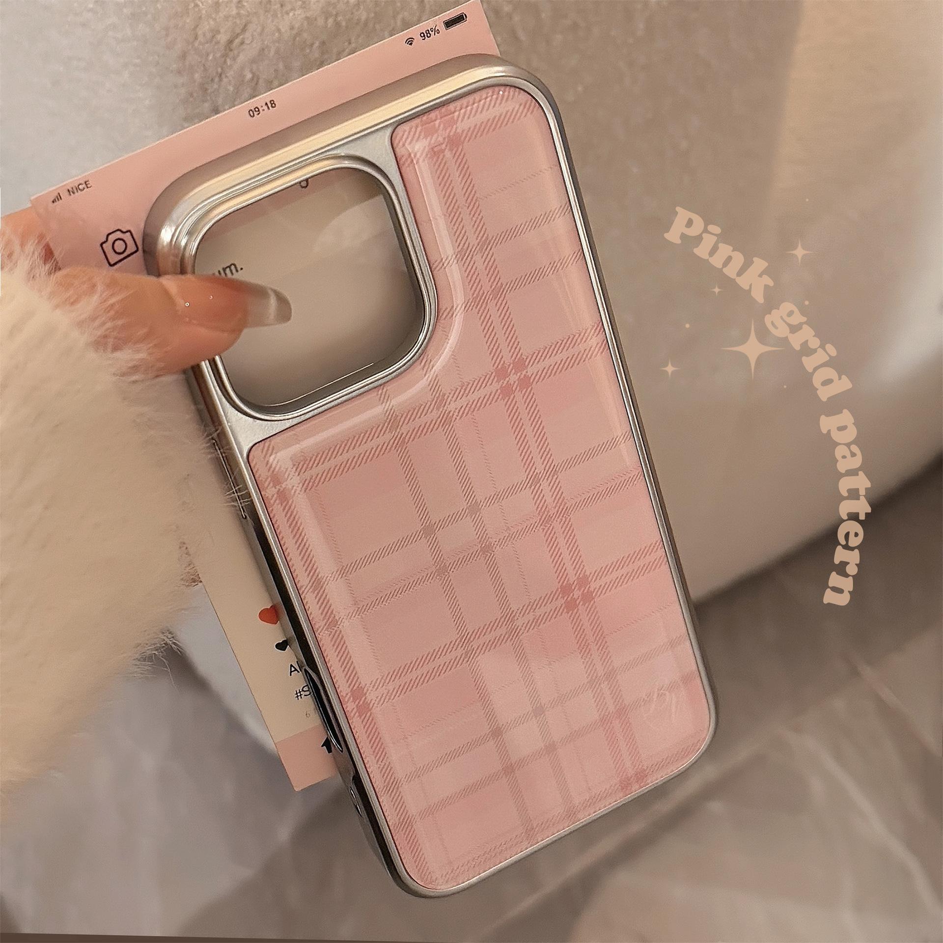 

Pink Check Pattern Suitable for 16 Apple 15 Promax Mobile Phone Case Iphone 14 Drop Glue 13 Korean Sweet 15 Huawei Hard SAMSUNG S25ULTRA