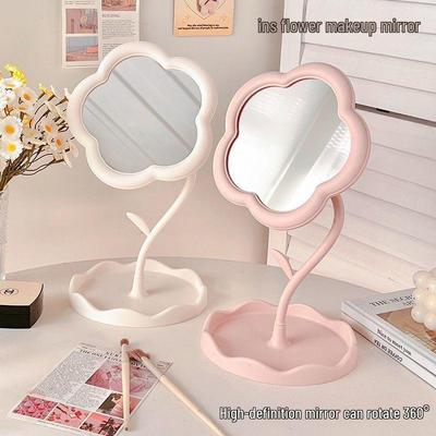 Floral Rotating Vanity Mirror: Cute, Aesthetic, Desktop Makeup Storage for Dorms and Bedrooms