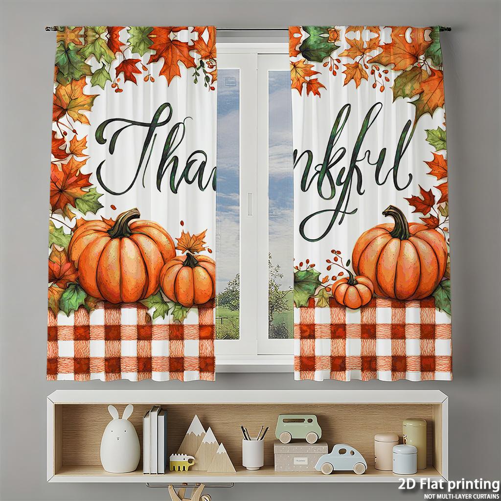 Stück Set Hochauflösende Digital Gedruckte VorhängeErntedankfest Aquarell Kürbisse Karierte Tischdecke HerbstblätterHeim Vorhänge Hergestellt Aus Polyester