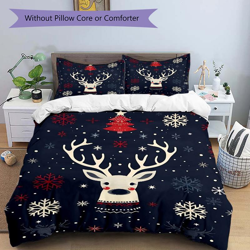 3pcs Set Christmas Deer 1 Quilt Cover + 2 Pillowcases, All Seasons Bedroom Setting, Perfect for Home and Dorm Decor A153
