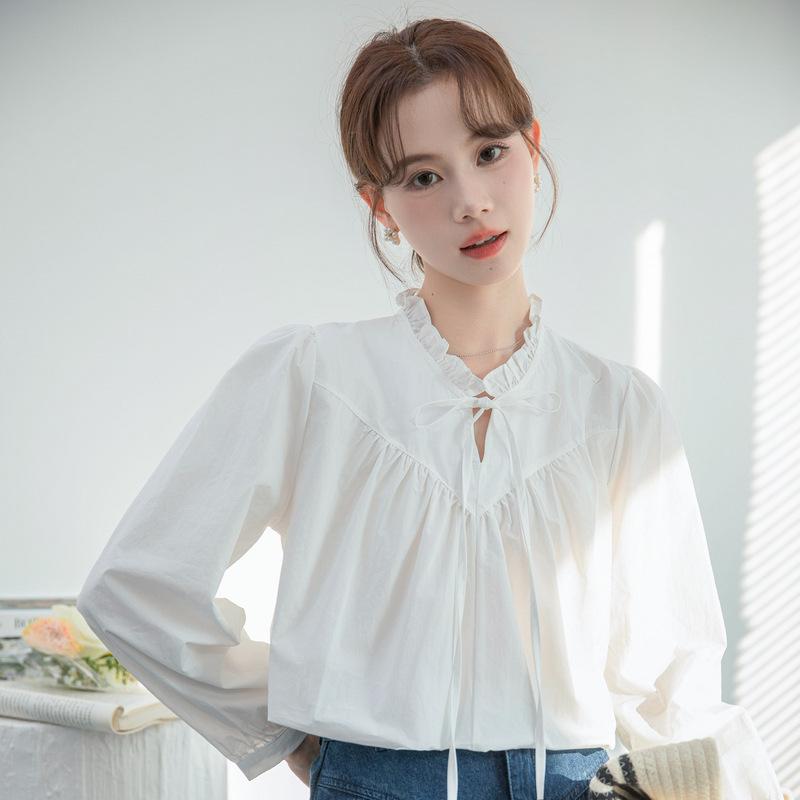 2026 Spring Japanese Stand Collar Long Sleeve White Ruffled Shirt Small белый