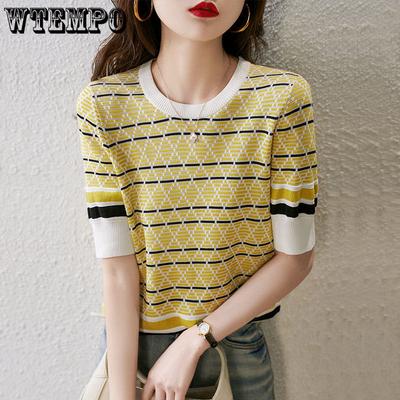 Women's Ice Silk Short Sleeve Knitted T-shirt Versatile Summer New Style Contrast Striped Knitted Top T-shirt Stylish Shirt