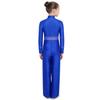 Kids Stage Performance Leotard Mock Neck Long Sleeve Sequins Rhinestone Mesh Patchwork Back Zip Split Wide Leg Jumpsuit for Lyrical Dance