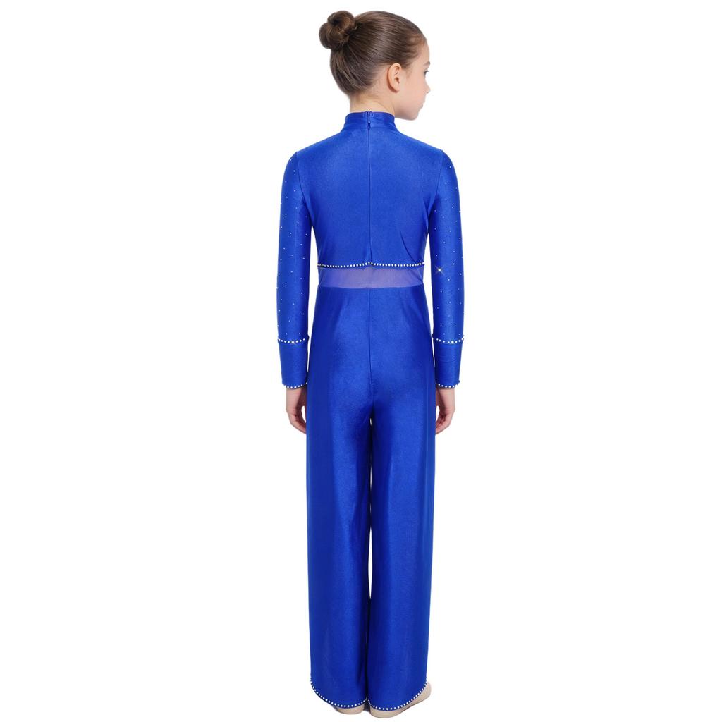 Kids Stage Performance Leotard Mock Neck Long Sleeve Sequins Rhinestone Mesh Patchwork Back Zip Split Wide Leg Jumpsuit for Lyrical Dance