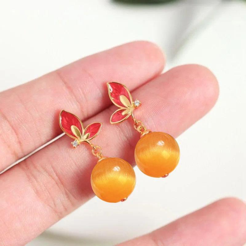Schmetterlingsohrringe für Damen Neu in Orange Gelb Katzenaugenperlen Ohrstecker Exquisit und Wunderschön Vintage Schmuck Geschenk