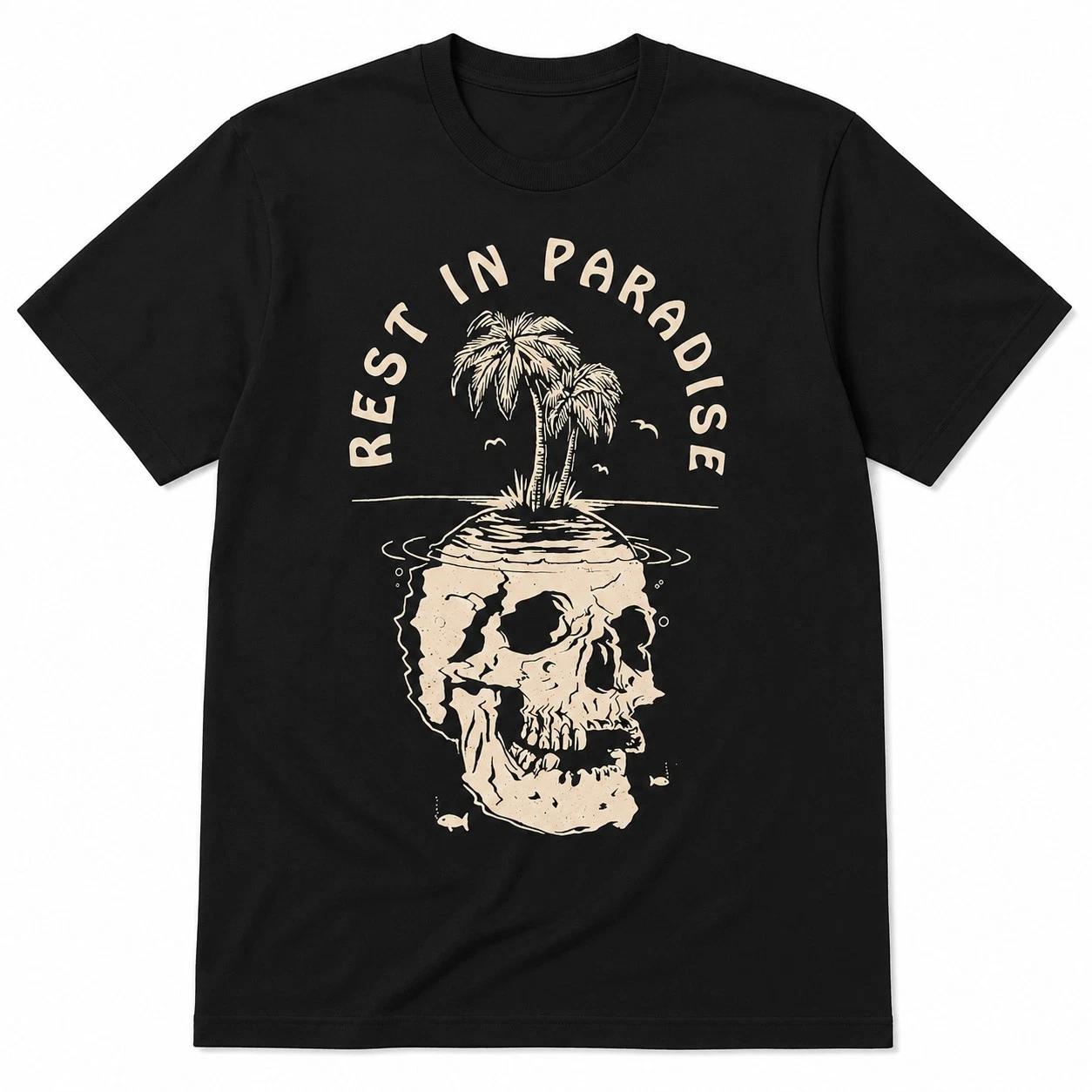 Rest In Paradise T-Shirt Vintage Skull Palm Tree Graphic Tee Summer Surf Shirt S